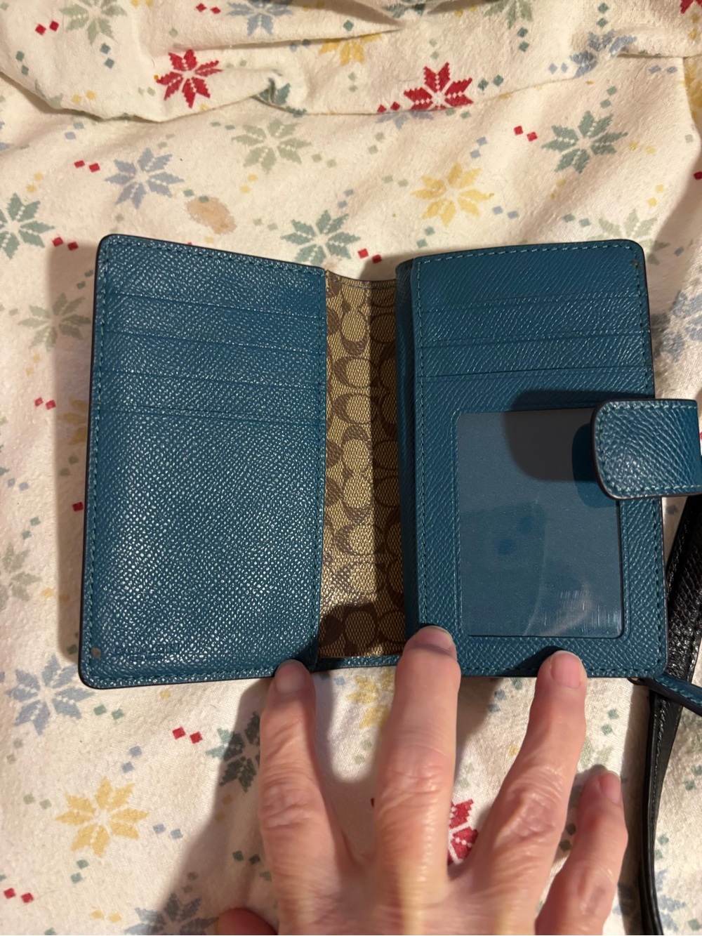 Coach Teal Blue Textured Leather Wallet with Gold Logo - Picture 2 of 3
